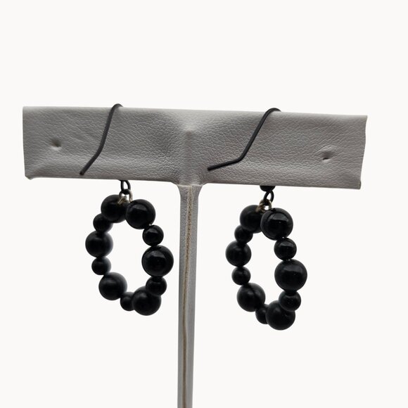 Whimsigoth Punk Retro Party Glam Dark Black Beaded Loop Dangle Drop Earrings - Picture 4 of 5